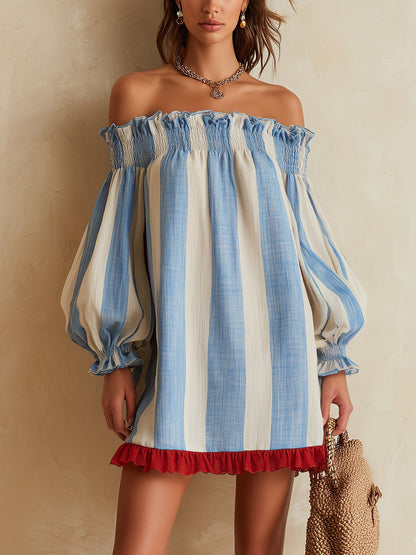 Μαρίνα™ | Mini Φόρεμα Off-Shoulder με Μπλε-Άσπρες Ρίγες και Κόκκινη Βολάν